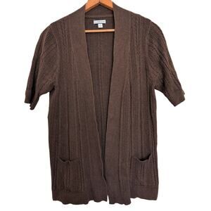 Brown Cableknit Cardigan Sweater Women Large Open Front Minimal Coastal Pockets